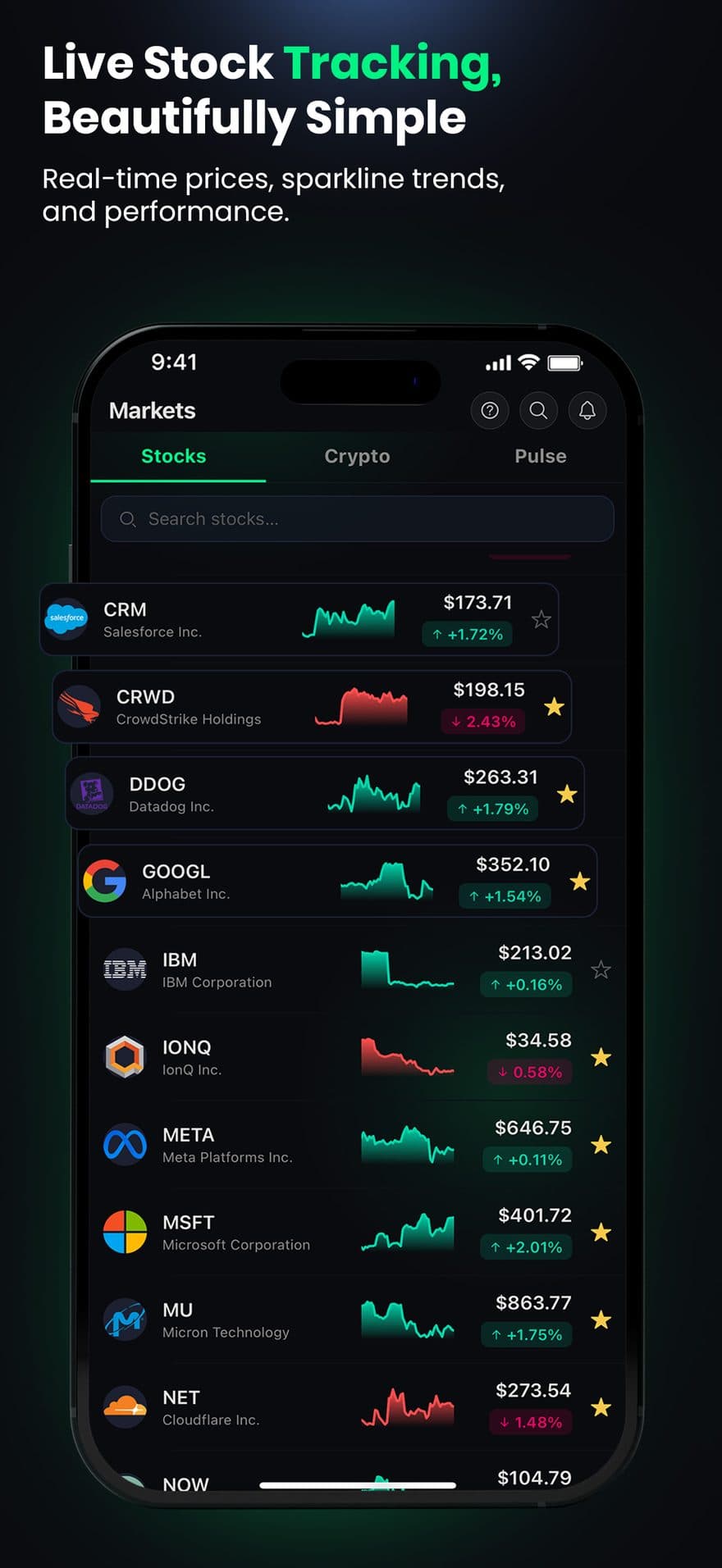 Nexfuse — Live prices & sparkline trends across stocks and crypto